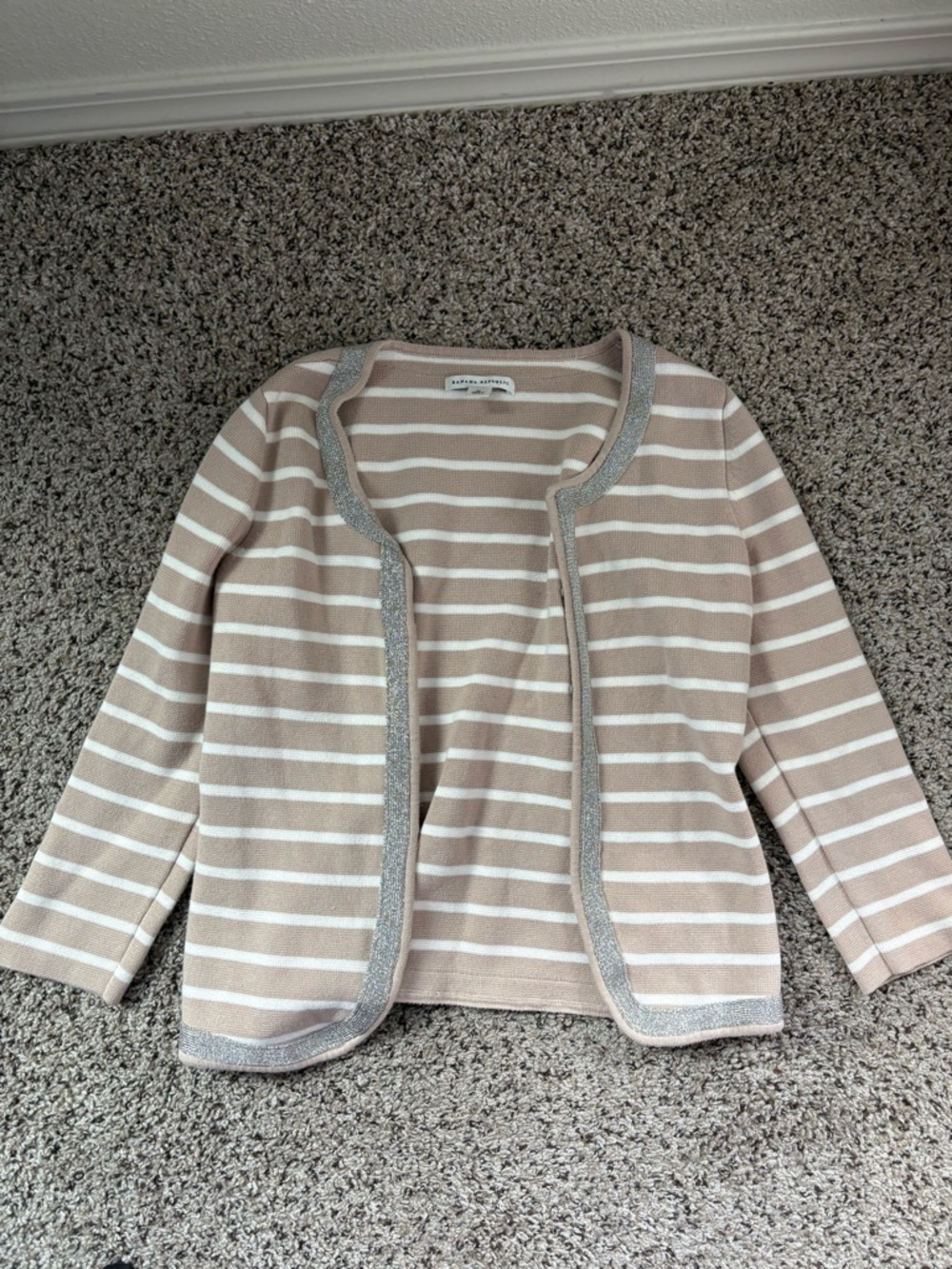 Banana Republic Beige and White Striped Open-Front Cardigan